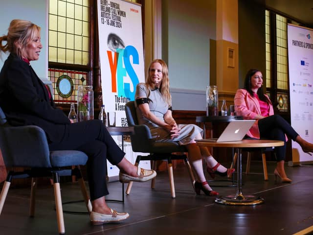 First Minister Michelle O'Neill, and deputy First Minister Emma Little-Pengelly participate in the opening talk - Women & Leadership, held in St. Columb’s Hall, at the inaugural YES, a four day, all-women, multi-arts, festival of female creativity inspired by Joyce’s most famous female character, Molly Bloom which has taken place at various locations across Derry and Donegal this weekend. YES, is the culmination of the ULYSSES European Odyssey, the largest-ever Ulysses celebration, which will have visited eighteen European cities by the time it closes in Derry. www.ulysseseurope.eu YES is family friendly and almost entirely free of charge. For more information please visit www.yesderry.com