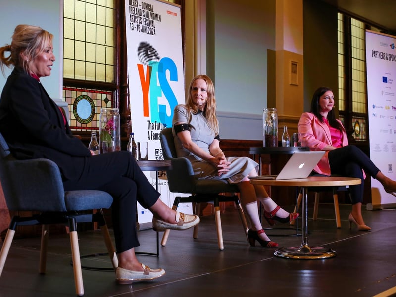 First Minister Michelle O'Neill, and deputy First Minister Emma Little-Pengelly participate in the opening talk - Women & Leadership, held in St. Columb’s Hall, at the inaugural YES, a four day, all-women, multi-arts, festival of female creativity inspired by Joyce’s most famous female character, Molly Bloom which has taken place at various locations across Derry and Donegal this weekend. YES, is the culmination of the ULYSSES European Odyssey, the largest-ever Ulysses celebration, which will have visited eighteen European cities by the time it closes in Derry. www.ulysseseurope.eu YES is family friendly and almost entirely free of charge. For more information please visit www.yesderry.com