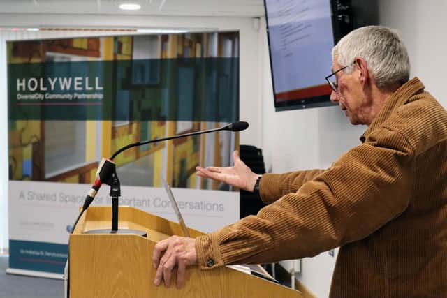 Paul Gosling presenting his latest research as part of the Future Relationship Conversation series at Holywell Trust on Monday night.