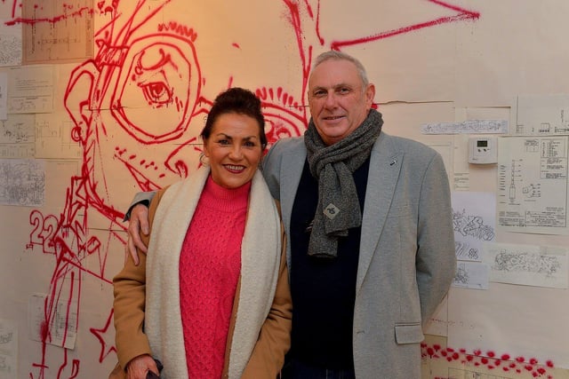 Caroline Canning and Michael pictured at the launch of Street Artist and illustrator Elph One aka Brian McFeely's‘Doodles in Derry’ exhibition on Saturday in the UV Arts ‘The Urban Art Gallery’ in Bishop Street.  Photo: George Sweeney. DER2301GS – 55