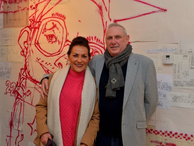 Caroline Canning and Michael pictured at the launch of Street Artist and illustrator Elph One aka Brian McFeely's‘Doodles in Derry’ exhibition on Saturday in the UV Arts ‘The Urban Art Gallery’ in Bishop Street. Photo: George Sweeney. DER2301GS – 55