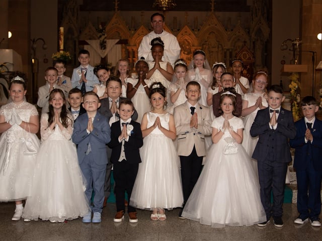 Pupils from St. Eugene's Primary School who received the Sacrament of First Holy Communion from Fr. Shaun Doherty at St. Eugene's Cathedral on Friday last. (Photo: Gerry Temple)