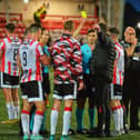Derry City players crowd around referee Antoine Paul Chiaramonti at the end of the game against FCB Magpies.Photograph: George Sweeney