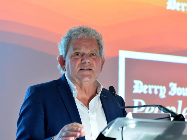 Bet McLean Derry Journal People Awards 2024 compere Adrian Logan. Photo: George Sweeney.