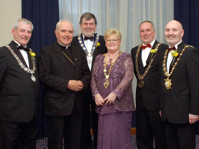 Mayor of Derry, Councillor Kathleen McCloskey, with Most Rev. Dr. Seamus Hegarty, Bishop of Derry and Mayor of Cork, Councillor Michael O'Connell, the Mayor of Strabane, Councillor Eugene McMenamin, the Mayor of Dublin, Councillor Dermot Lacy and the Mayor of Belfast, Councillor Alex Maskey.