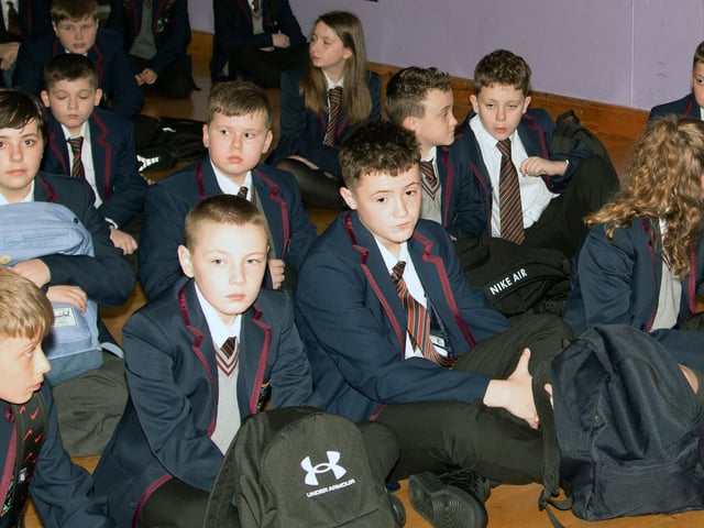 Some of the new Year 8s on their first day at Oakgrove Integrated College on Monday last. : Oakgrove Integrated College welcomes latest influx of Year 8 pupils