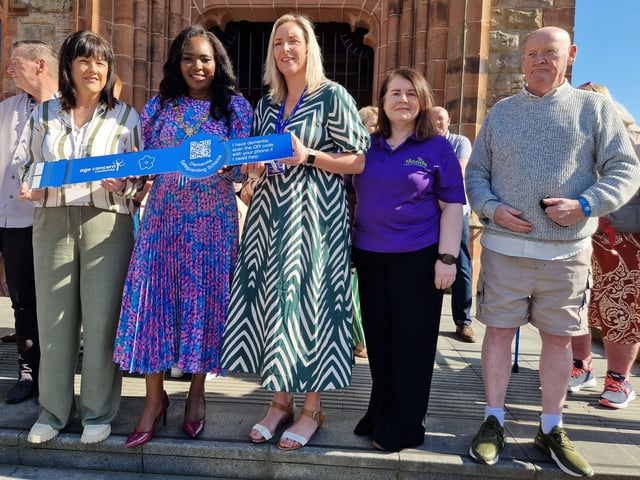 From left, Majella Magee, Dementia Service Improvement Lead - Community, Community and Older People’s Services at the Western Trust, Mayor of Derry and Strabane, Lilian Seenoi-Barr and Mandy Corr, from Age Concern Causeway, Wendy McLaughlin from DEEDs, and a DEEDs service-user, at the launch of a new dementia wristband initiative at the Guildhall.
