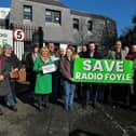 Politicians, trade unionists and members of the public join Journalists from Radio Foyle protesting outside the station recently, against changes to station’s schedule and the risk of redundancies. Photo: George Sweeney. DER2310GS – 026