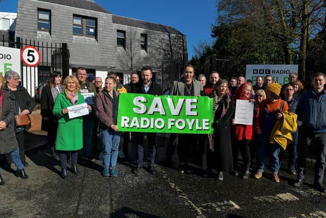 Politicians, trade unionists and members of the public join Journalists from Radio Foyle protesting outside the station recently, against changes to station’s schedule and the risk of redundancies. Photo: George Sweeney. DER2310GS – 026