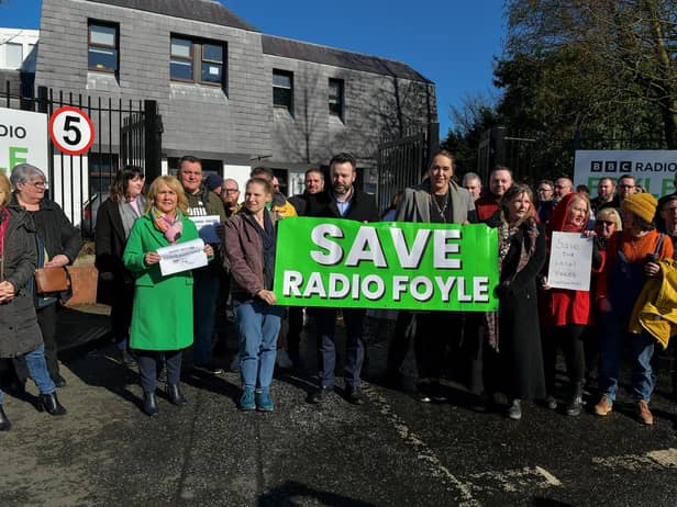 Politicians, trade unionists and members of the public join Journalists from Radio Foyle protesting outside the station recently, against changes to station’s schedule and the risk of redundancies. Photo: George Sweeney. DER2310GS – 026