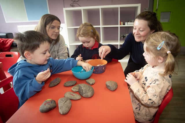 Catherine Pollock (An Culturlann) and Tansy Cowley (Waterside Together Project Co-Ordinator) joining in some games with the children on Thursday.