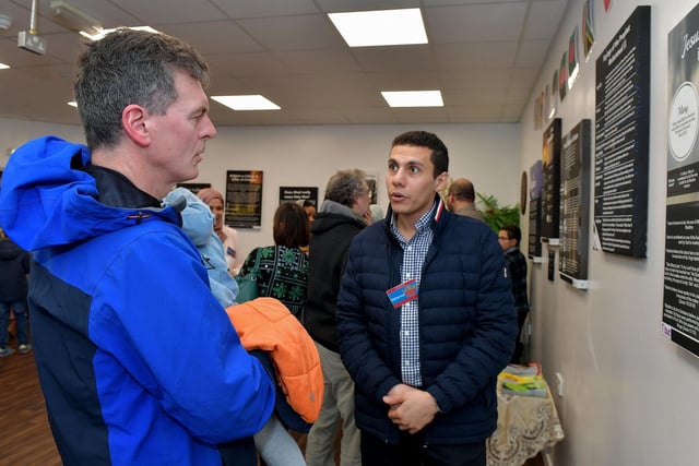 Colr Shaun Harkin chatting with Mohamed at the North West Islamic Association’s centre in Pennyburn during the Tea and Tour day on Sunday last. Photo: George Sweeney. DER2311GS – 02