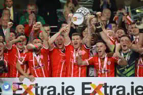 Derry City skipper Patrick McEleney lifts the FAI Cup at the Aviva.