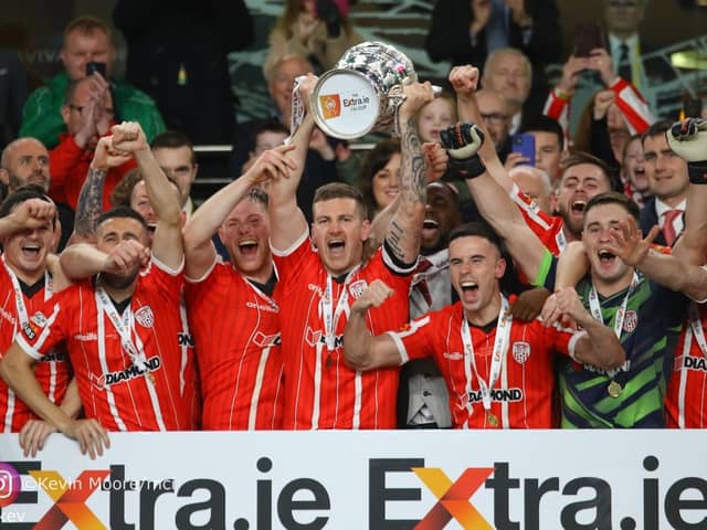 Derry City skipper Patrick McEleney lifts the FAI Cup at the Aviva.