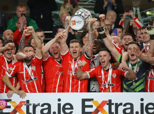 Derry City skipper Patrick McEleney lifts the FAI Cup at the Aviva.