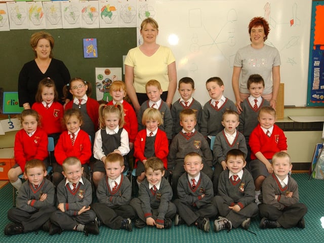 Primary 1 pupils from St Canice's Primary School, Dungiven. Included, from left, are Brenda McCloskey, Kathleen McBride, and Siobhan Martin. (2609PG06):20 years on: Young people across Derry and Donegal starting school in September 2003