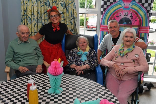 John Carlin, Clare Mullan, Ann McColgan, Stephen Wright and Adeline McClintock pictured at the 1950’s party Berna held in the Oakleaves Care Centre, Racecourse Road on Thursday afternoon last. Photo: George Sweeney. DER2326GS – 30