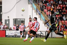 Patrick McClean scores his side's first goal during the Club Orange Men’s FAI Cup quarter-final match between Derry City and Dundalk at The Ryan McBride Brandywell Stadium in Derry. Photo by Ben McShane/Sportsfile