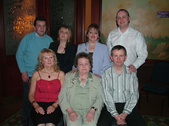 DSCF5643Margaret and Patrick pictured with Patricks mother Patricia and his brothers and sisters at their Silver Wedding ANniversary party in Rafters on Friday night. : Parties and celebrations April 2006: Margaret and Patrick.