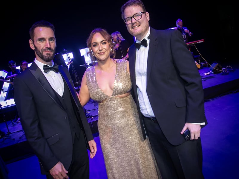 Millennium Forum patron and Snow Patrol star Johnny McDaid pictured with Siobhan Molloy and Padraig Mac Conmidhe at Friday night's Silver Anniversary Gala Ball. (Photos: Jim McCafferty Photography)