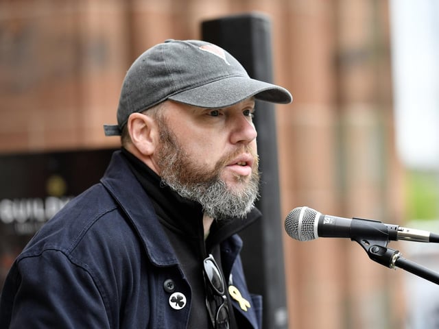 Davy McAuley, United Against Racism, speaking at the Celebration of Migrant Workers rally held in Guildhall Square on Sunday afternoon. Photo: George Sweeney