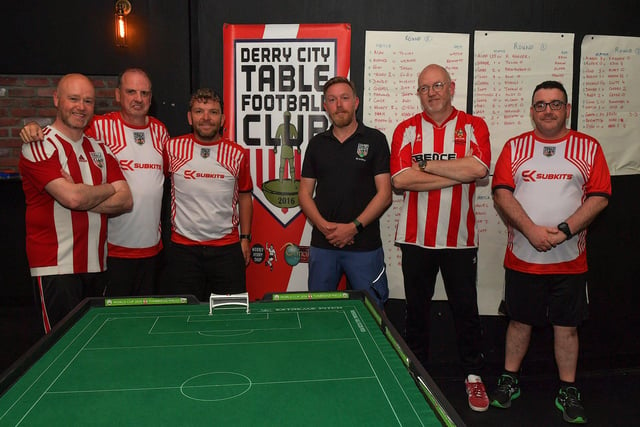 Members of the Derry City Table Football Team who took part in the Subbuteo Irish Open held in the Nerve Centre. From left are Oisin Mac Eó, Dee Jenkins, Lawrence Watson, Martin Og Brady, Jason Christopher and Frankie Connolly.  Photo: George Sweeney. DER2325GS - 119