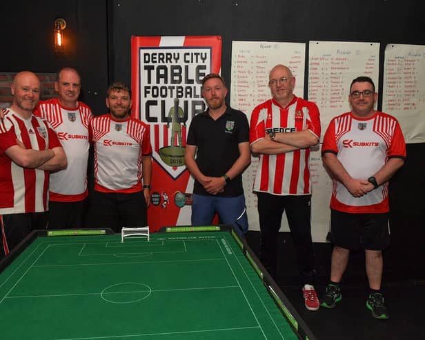 Members of the Derry City Table Football Team who took part in the Subbuteo Irish Open held in the Nerve Centre. From left are Oisin Mac Eó, Dee Jenkins, Lawrence Watson, Martin Og Brady, Jason Christopher and Frankie Connolly.  Photo: George Sweeney. DER2325GS - 119