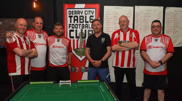 Members of the Derry City Table Football Team who took part in the Subbuteo Irish Open held in the Nerve Centre. From left are Oisin Mac Eó, Dee Jenkins, Lawrence Watson, Martin Og Brady, Jason Christopher and Frankie Connolly.  Photo: George Sweeney. DER2325GS - 119