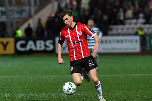 Derry City new signing Matthew Ward in action against Shamrock Rovers in the Presidents Cup final at Brandywell on Friday evening. Photo: George Sweeney. DER2307GS – 99