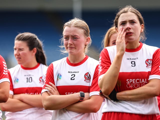 Derry's Eimear Doherty dejected after the game in Thurles. (Photo: INPHO/Ben Brady)