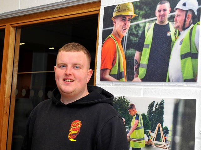 Shea McGillan, who helped construct David Best’s temporary space of healing’ Sanctuary’ in Bedford, England, to commemorate those who lost their lives during the Covid – 19 pandemic pictured at the film premiere of Ruairi Campbell’s ‘Sanctuary’ and photographic exhibition launch on Wednesday evening last in St Mary’s Youth Club, Creggan. Photo: George Sweeney. DER2308GS – 9