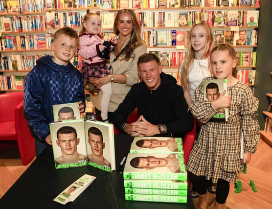 Professional footballer James McClean at the signing of his autobiography, “The Walls” in Waterstones, Foyleside with his wife Erin, children, Junior, Allie Mae, Willow Ivy and Mía Rose. (Photo - Tom Heaney, nwpresspics)