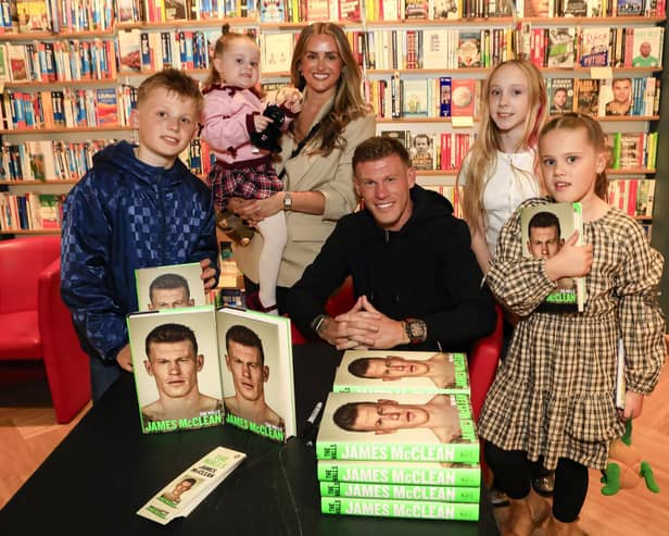Professional footballer James McClean at the signing of his autobiography, “The Walls” in Waterstones, Foyleside with his wife Erin, children, Junior, Allie Mae, Willow Ivy and Mía Rose. (Photo - Tom Heaney, nwpresspics)