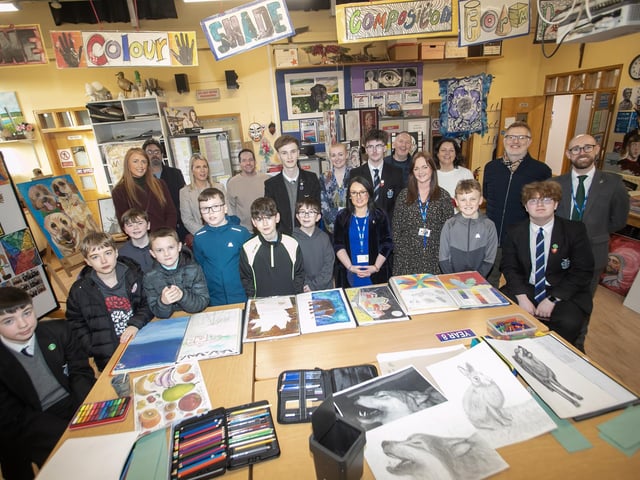 Mrs. Caroline McLaughlin, Principal, St. Columb's College pictured in the school's Art Department with staff, students and prospective pupils and their parents during Saturday's Open Day. (Photos: Jim McCafferty Photography)