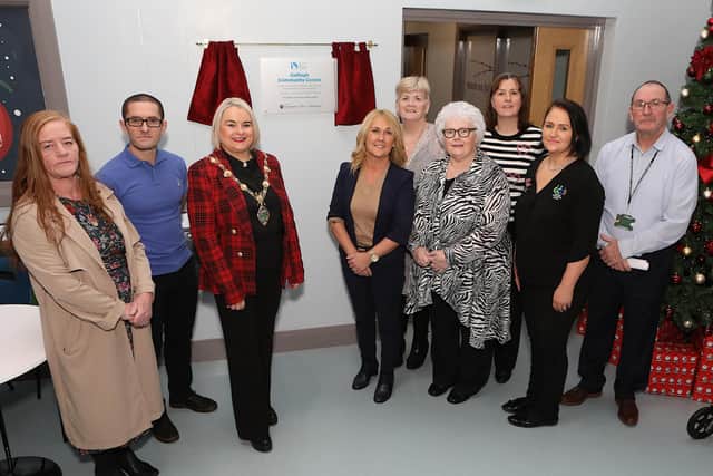 Mayor Sandra Duffy with Ciara Ferguson, MLA at the official opening of Galliagh Community Centre. From left are Yvonne Barr, Teach na Failte, Tommy McCallion, Centre manager, and from right, Martin Connelly, Community Restorative Justice Ireland, Elaine Condren, On Street Community Youth, Jacqueline Connelly, Rainbow Child and Family Centre, Anne McKeever and Marie Gillespie, Galliagh Women's Centre. (Photo - Tom Heaney, nwpresspics)