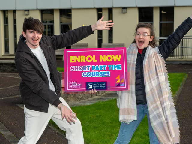 NWRC Student Zuzanna Rotuska and Shéa Devine help launch the 2025 Short Course Guide. (pic Martin McKeown)
