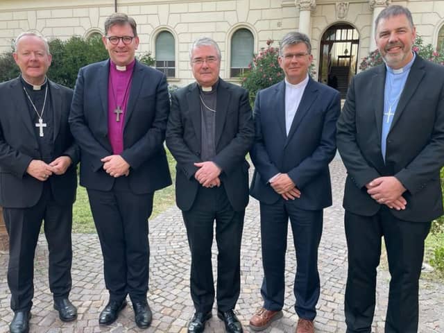 The Church Leaders Group (Ireland) Left to right: Archbishop Eamon Martin, Roman Catholic Archbishop of Armagh and Primate of all Ireland, Rt Rev Andrew Forster, President of the Irish Council of Churches, Archbishop John McDowell, Church of Ireland Archbishop of Armagh and Primate of all Ireland, Rt Rev Dr Sam Mawhinney, Moderator of the Presbyterian Church in Ireland, and Rev David Turtle, President of the Methodist Church in Ireland.]