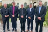 The Church Leaders Group (Ireland) Left to right: Archbishop Eamon Martin, Roman Catholic Archbishop of Armagh and Primate of all Ireland, Rt Rev Andrew Forster, President of the Irish Council of Churches, Archbishop John McDowell, Church of Ireland Archbishop of Armagh and Primate of all Ireland, Rt Rev Dr Sam Mawhinney, Moderator of the Presbyterian Church in Ireland, and Rev David Turtle, President of the Methodist Church in Ireland.]