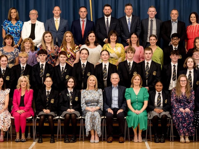 Pupils awarded 1st Place in Subject at GCSE pictured with subject teachers, Mrs Brónach O’Hare (Vice Principal), Mr Noel Mc Caul (Board of Governors), Ms Catherine Hughes (Head of Year).