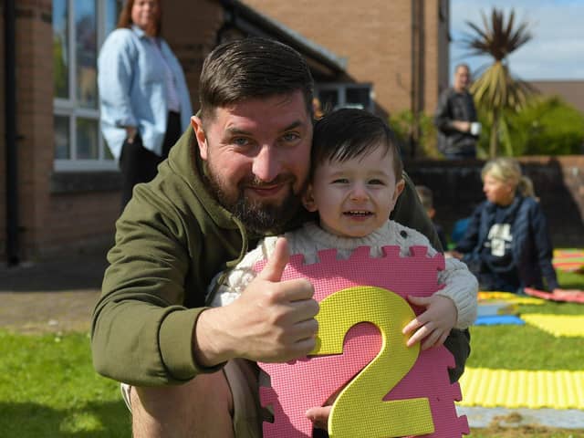 Darragh McGinley with his dad Darren at the launch of the District of Hope at Farland Way, Hazelbank, on Tuesday afternoon last. Photo: George Sweeney