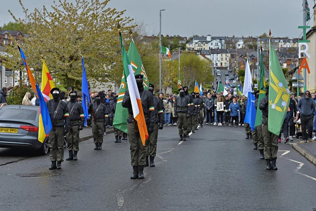 The Saoradh National Easter Commemoration march makes its way down Westland Street to the Republican Monument at Free Derry Corner. Photo: George Sweeney