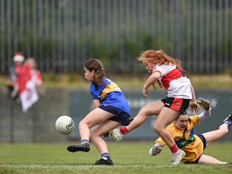 Action from the 2023 All-Ireland U14 Gold Final between Derry and Tipperary at Clan na Gael GAA Club in Dundalk, Louth. Photo by Stephen Marken/Sportsfile