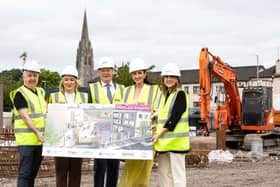 Michelle O’Neill and Emma Little-Pengelly with Charles Lamberton, Director of Meenan Square Development, Liam Hannaway Chairperson, Apex and Caroline Hendron, Connolly and Fee Limited.