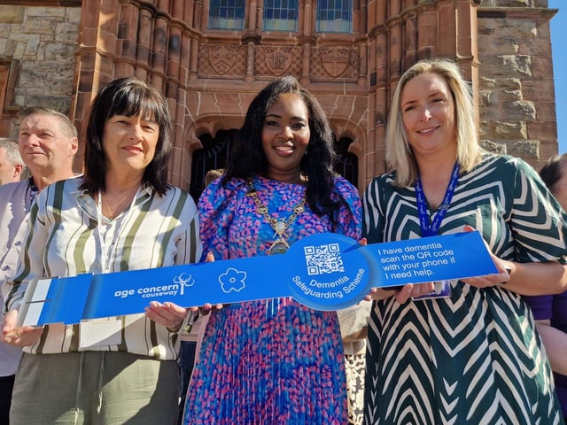 From left, Majella Magee, Dementia Service Improvement Lead - Community, Community and Older People’s Services at the Western Trust, Mayor of Derry and Strabane, Lilian Seenoi-Barr and Mandy Corr, from Age Concern Causeway at the launch of a new dementia wristband initiative at the Guildhall.