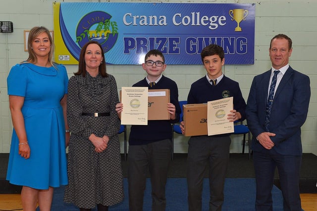 First Year Academic Scholarship recipient Gareth McElroy and First Year Sports Scholarship recipient Michael Gillespie pictured at the annual Crana College Prize Giving on Friday afternoon last with Ms Clare Bradley (BOM), on the left, Ms Sinead Anderson, deputy principal and Mr Kevin Cooley principal. Photo: George Sweeney DER2246GS - 93