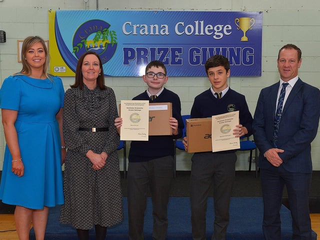 First Year Academic Scholarship recipient Gareth McElroy and First Year Sports Scholarship recipient Michael Gillespie pictured at the annual Crana College Prize Giving on Friday afternoon last with Ms Clare Bradley (BOM), on the left, Ms Sinead Anderson, deputy principal and Mr Kevin Cooley principal. Photo: George Sweeney DER2246GS - 93