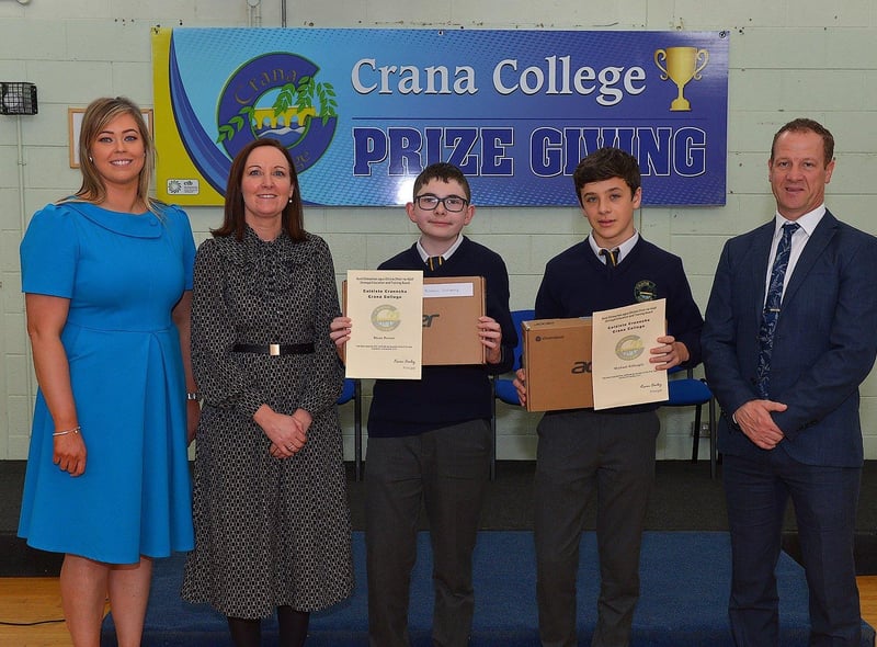 First Year Academic Scholarship recipient Gareth McElroy and First Year Sports Scholarship recipient Michael Gillespie pictured at the annual Crana College Prize Giving on Friday afternoon last with Ms Clare Bradley (BOM), on the left, Ms Sinead Anderson, deputy principal and Mr Kevin Cooley principal. Photo: George Sweeney DER2246GS - 93
