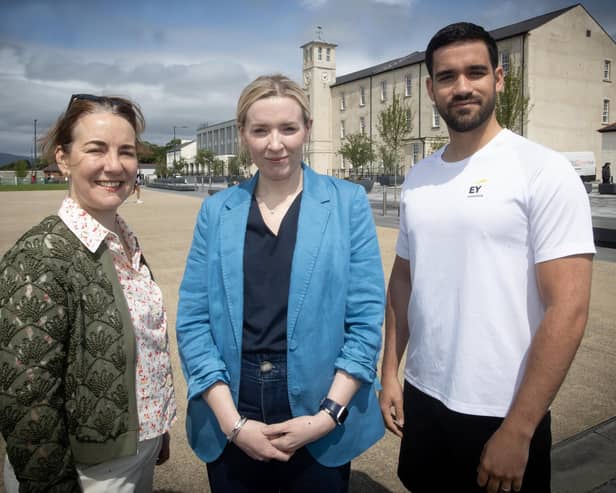 Pictured at the announcement of EY Northern Ireland’s sponsorship of the Waterside Half Marathon are, from left, Aeidin McCarter, Head of Culture at Derry City and Strabane District Council, Aoife Warren, Lead Partner at EY and Ferran Arlandis, Delivery Consultant at EY.