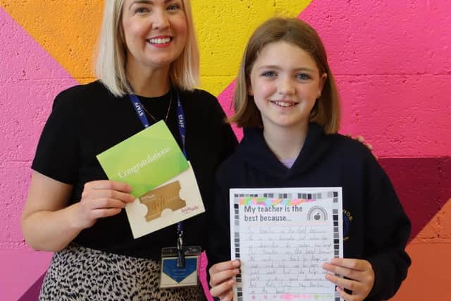 Sophie Quigley from St Therese's Primary School with teacher, Mrs Doherty.