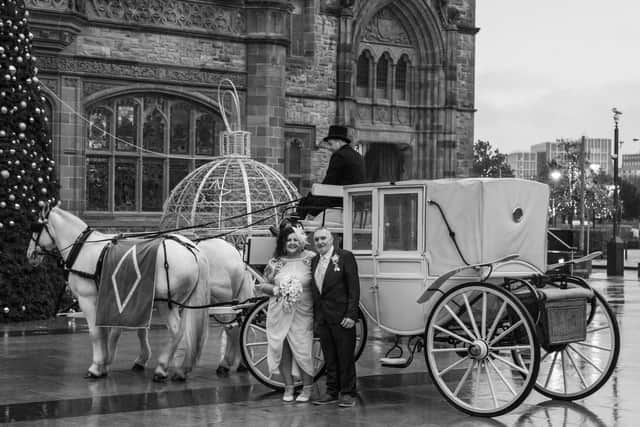 The couple were surprised with a horse and carriage on their wedding day